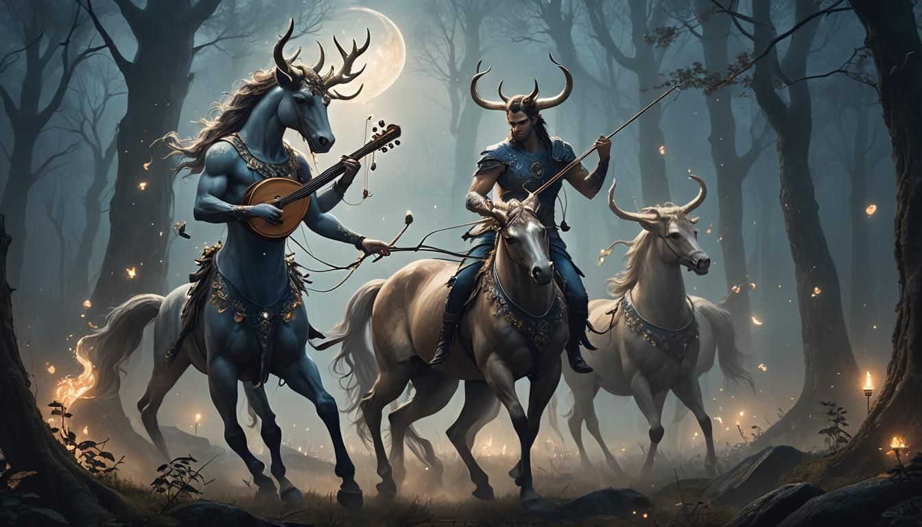 Centaur Plays Lyre in Misty Forest: Fantasy Art