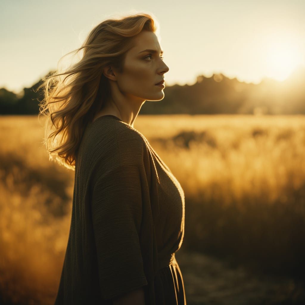 Elegant Woman in Warm Sunlight, Cinematic Film Still
