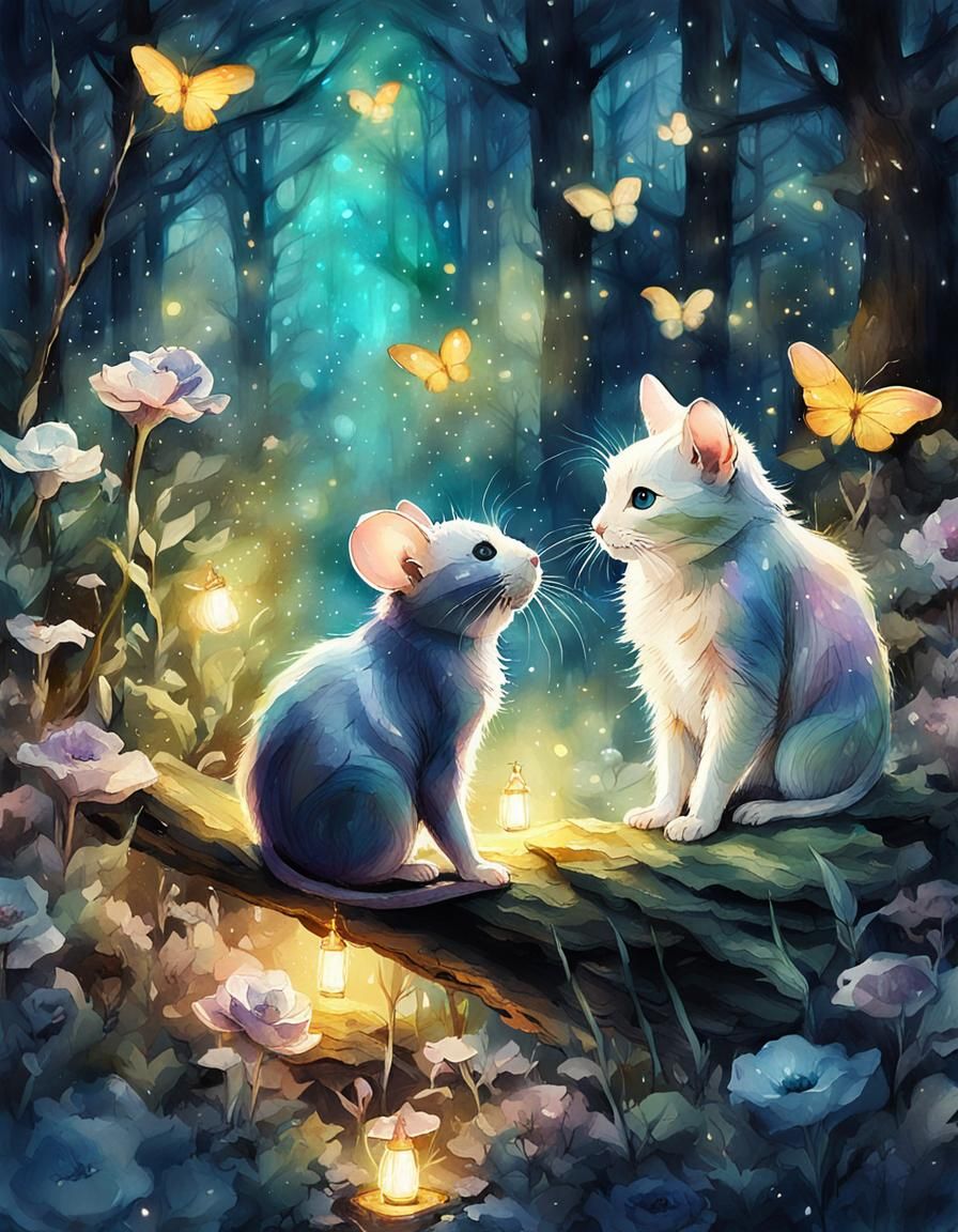 Mouse and Cat in Enchanted Forest: Watercolor Art