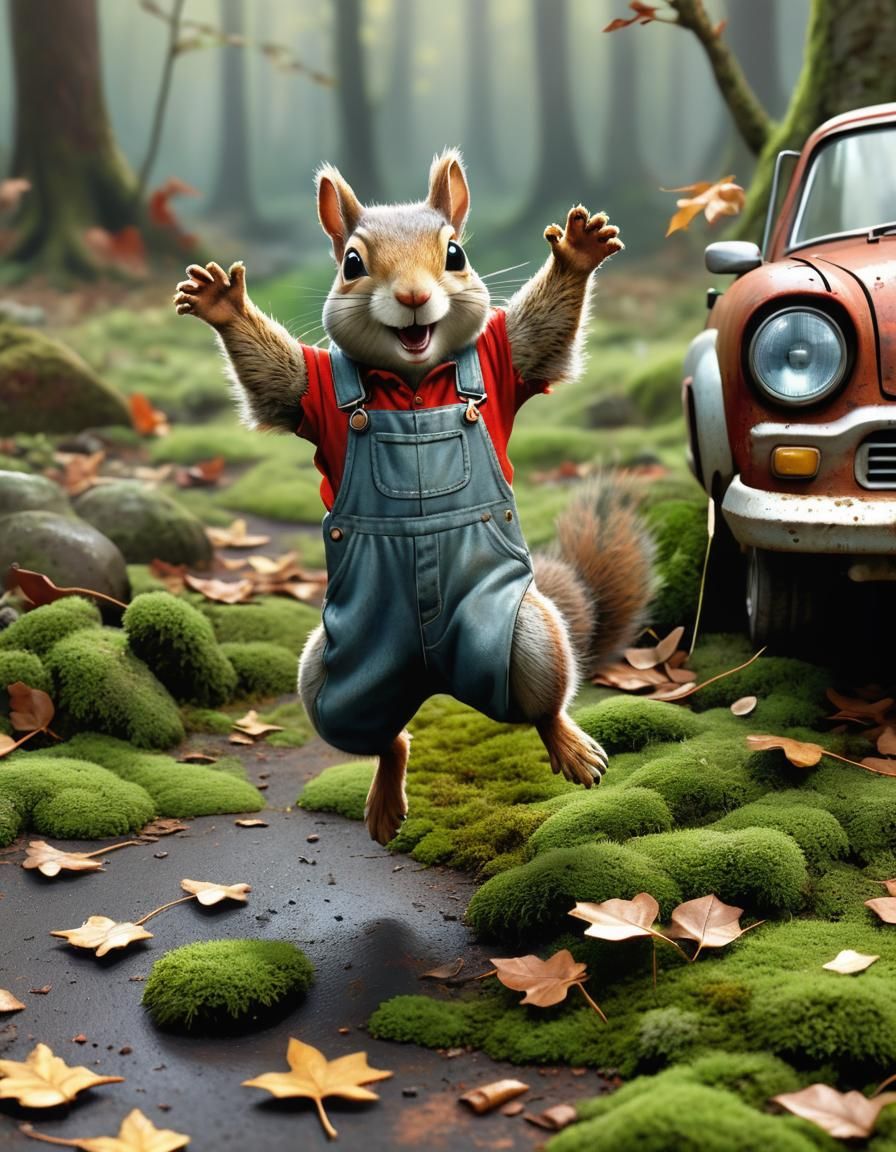 Surprised Squirrel Jumps at Mouse in Forest Scene