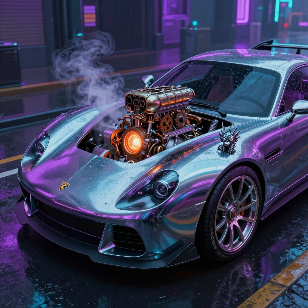 Cyberpunk Car with Dragon Wheels on Neon Street