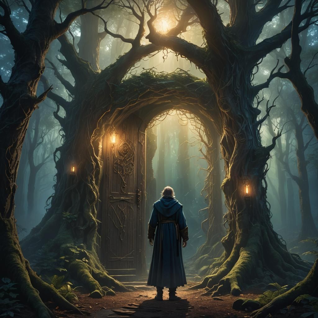 Sorcerer Finds Glowing Door in Mystical Forest
