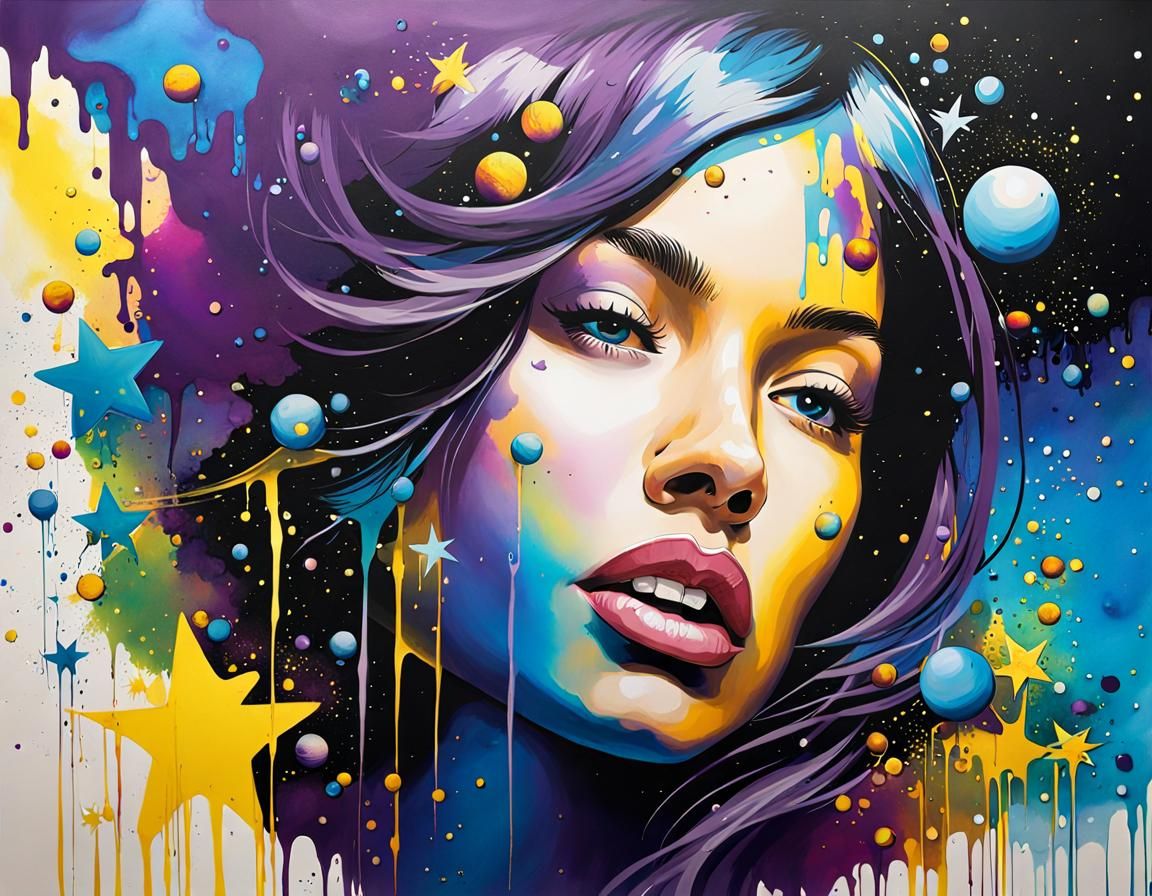 Ethereal Girl Portrait with Stars in Splash Art