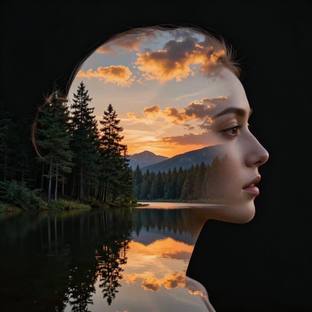 Double Exposure Art: Woman's Silhouette Merged with Serene L...