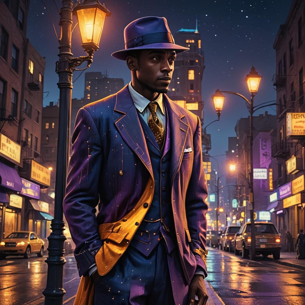 Zoot Suiter in Cityscape at Night, Fantasy Art