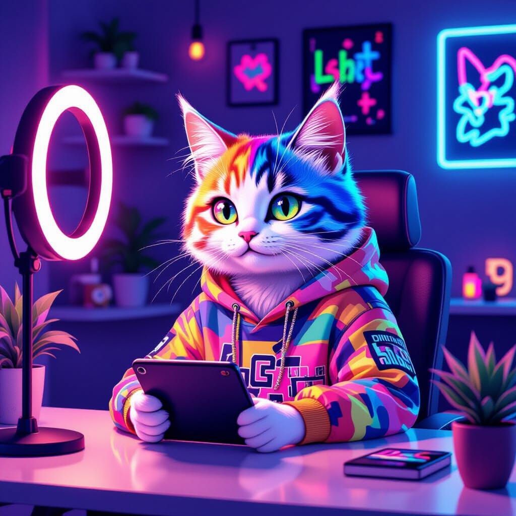 Gen Z Cat Records Video in Haring and Murakami Style