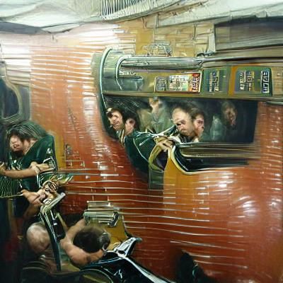 Band Plays Subway Car: Oil Painting
