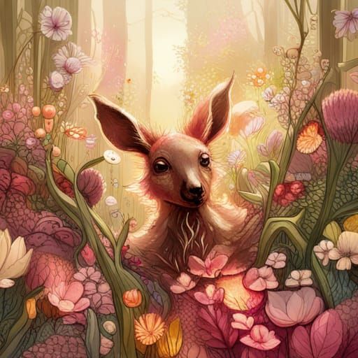 Adorable Baby Kangaroo in Floral Splendor