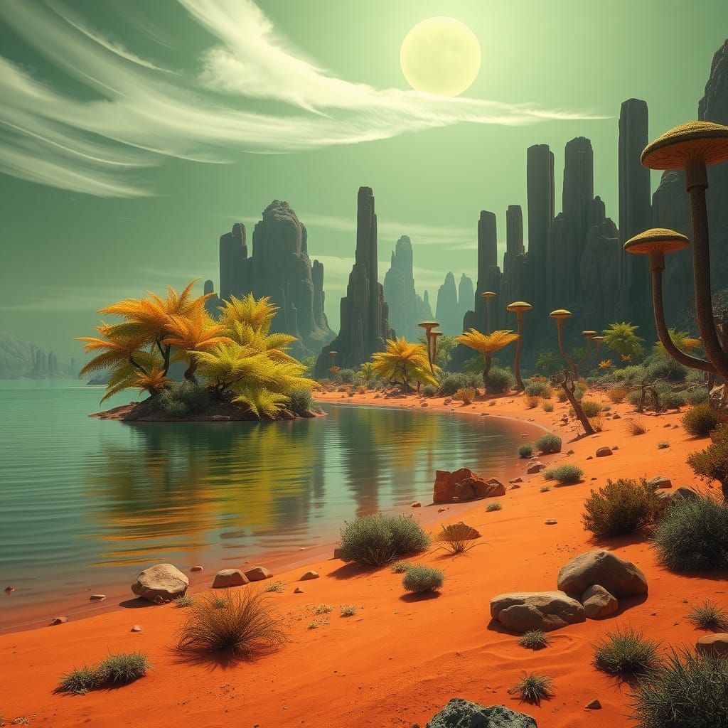 Extraterrestrial Lakefront with Alien Trees and Basalt Forma...