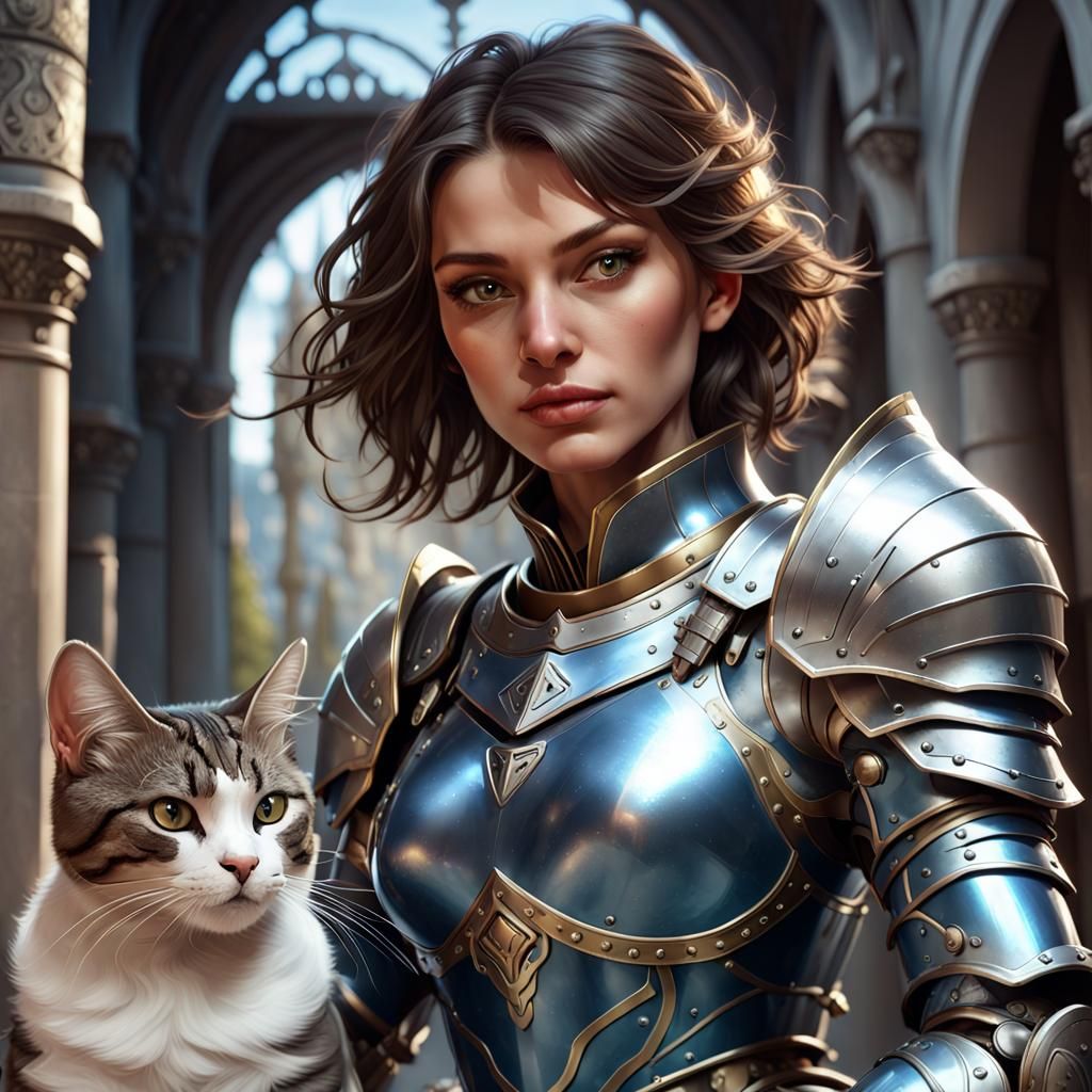 Brunette Paladin with Cat Emblem, Dark Fantasy Art