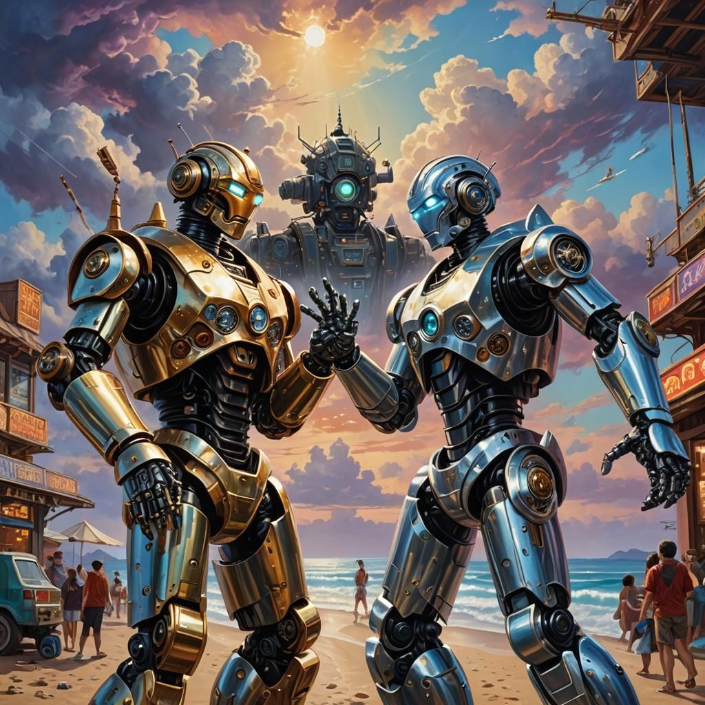 Robots High Five on Beach in Oil Painting Style