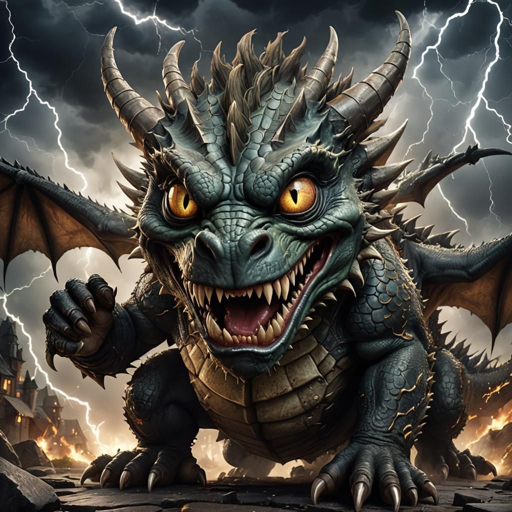 Aggressive Cute Dragon in Dark Fantasy Style
