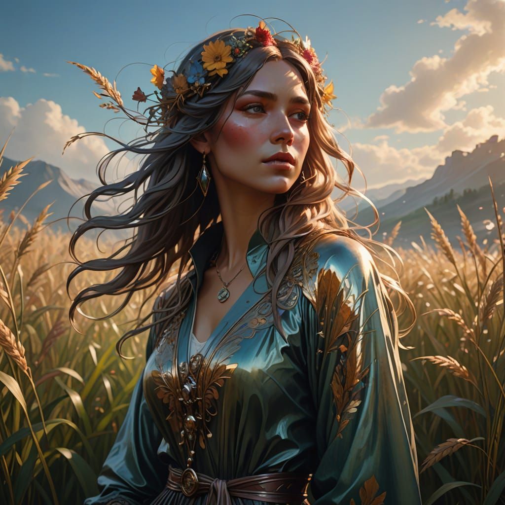 Surreal Figure in Field with Flowing Elements