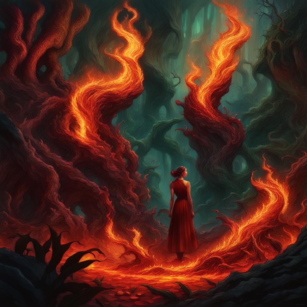 Plant-Flame Girl in Underworld: Fantasy Concept Art