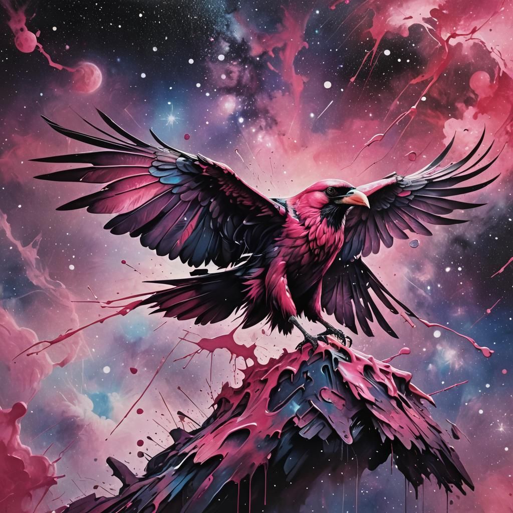 Pink Crow in Galaxy Sky, Graffiti Art