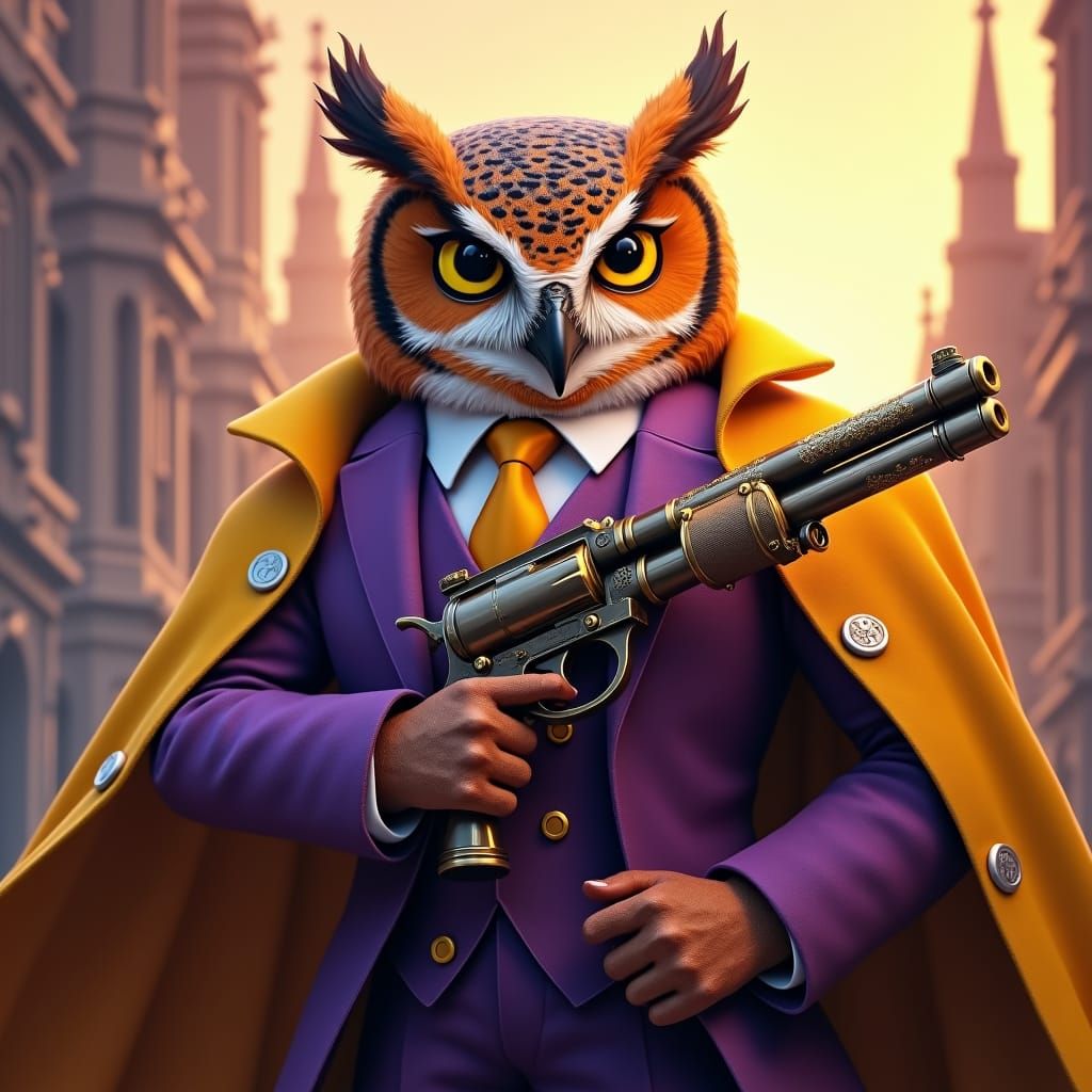 Steampunk Owl Detective in a Sunrise Cityscape