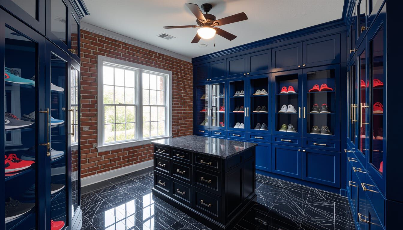 Victorian Walk-In Closet Room with Dark Blue Accents