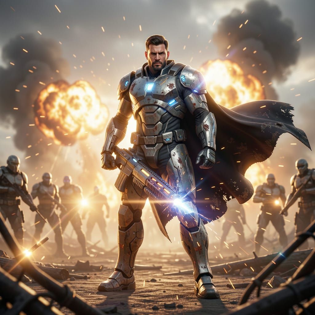 War Hero in Futuristic Armor on Destroyed Battlefield