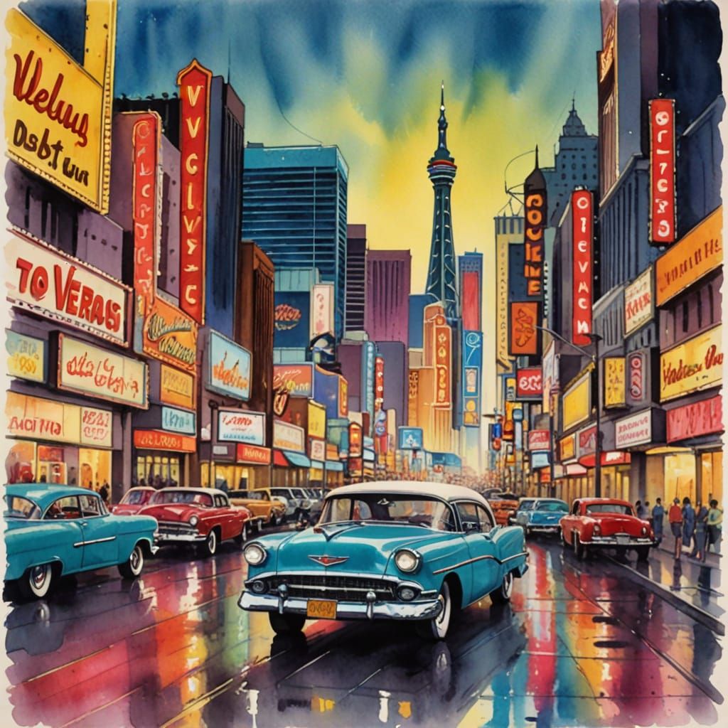 Vintage Las Vegas City Street in Watercolor Style