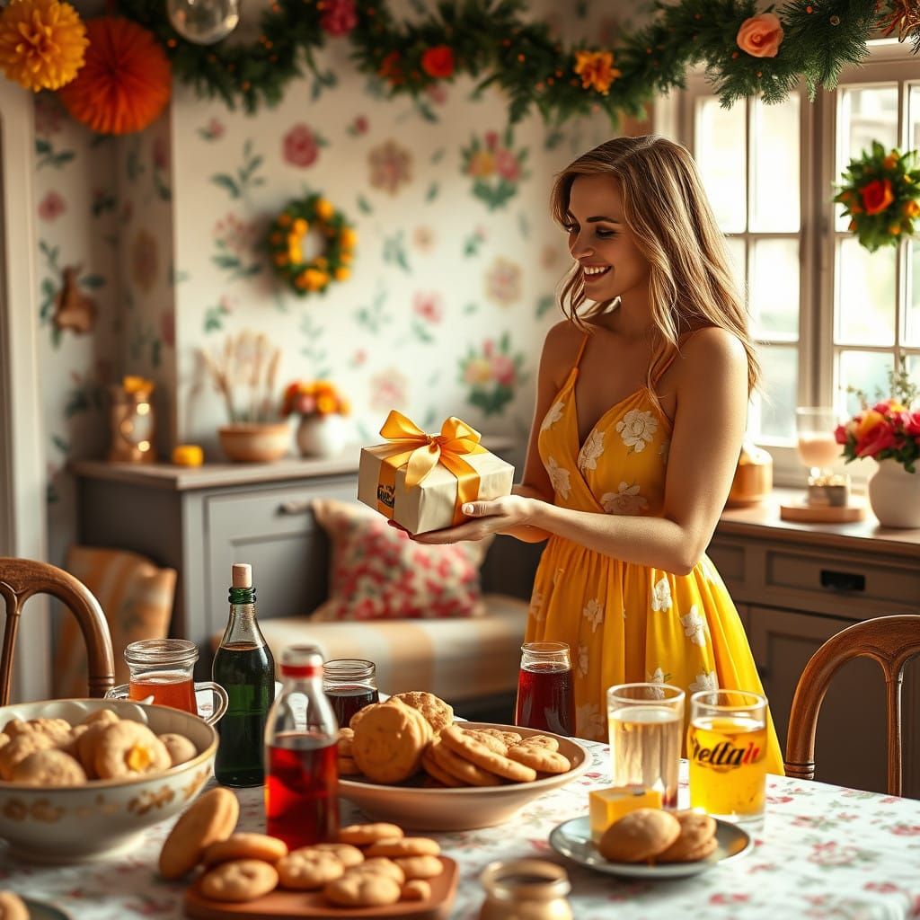 Woman in Yellow Sundress Hands Gift in Cozy Room