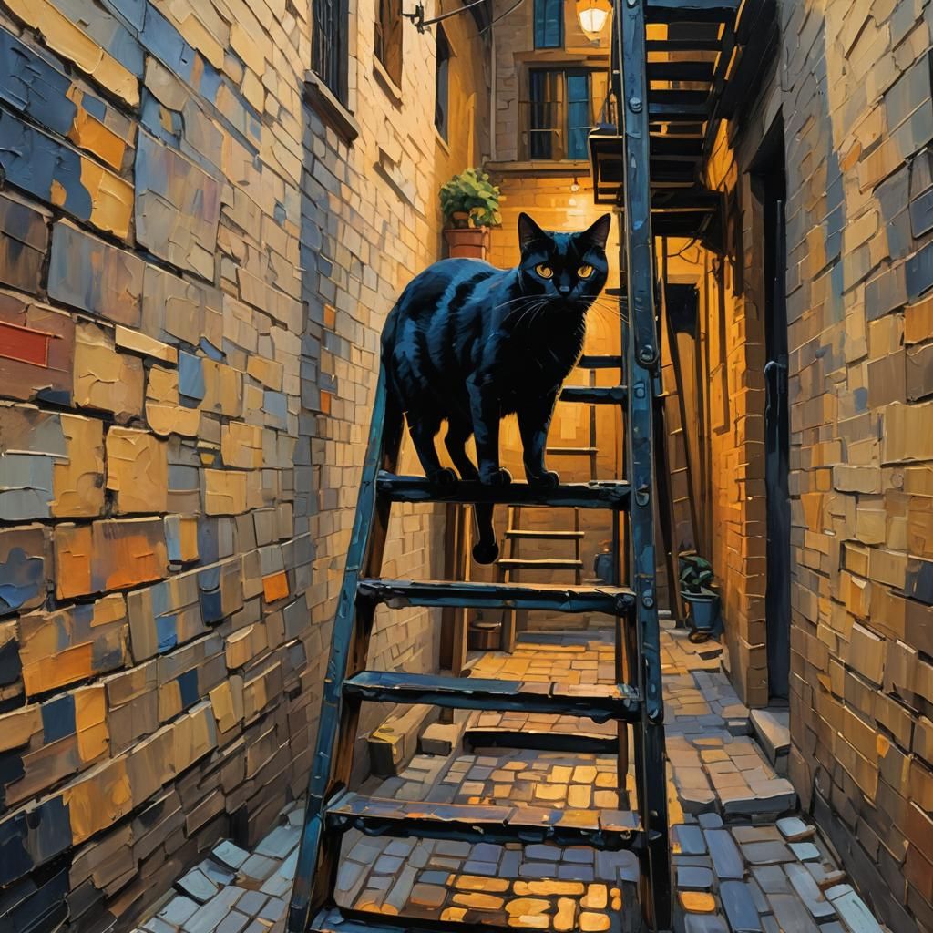 Black Cat Under Ladder: Neo-Impressionist Oil Painting