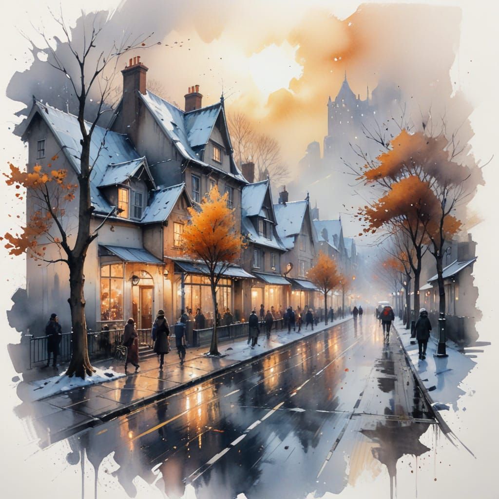 Winter Village Street Scene in Watercolor Style