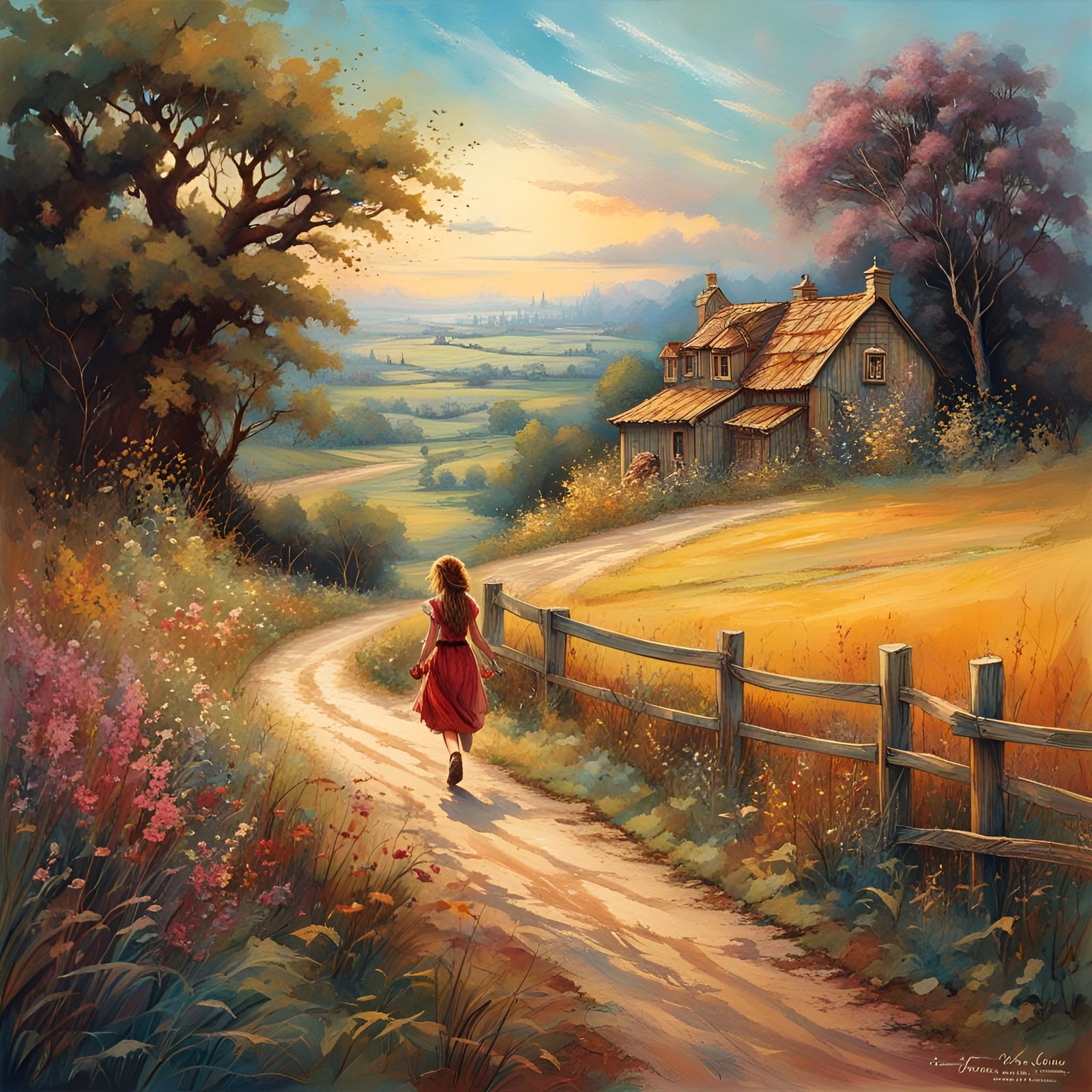 Girl Walks on Country Road: Storybook Illustration