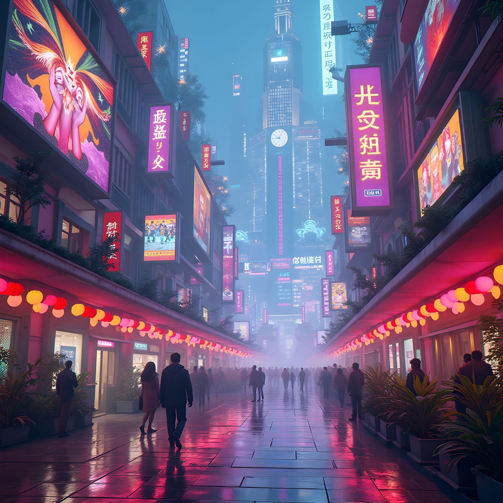 Detailed Vaporwave Scene in Virtual Plaza