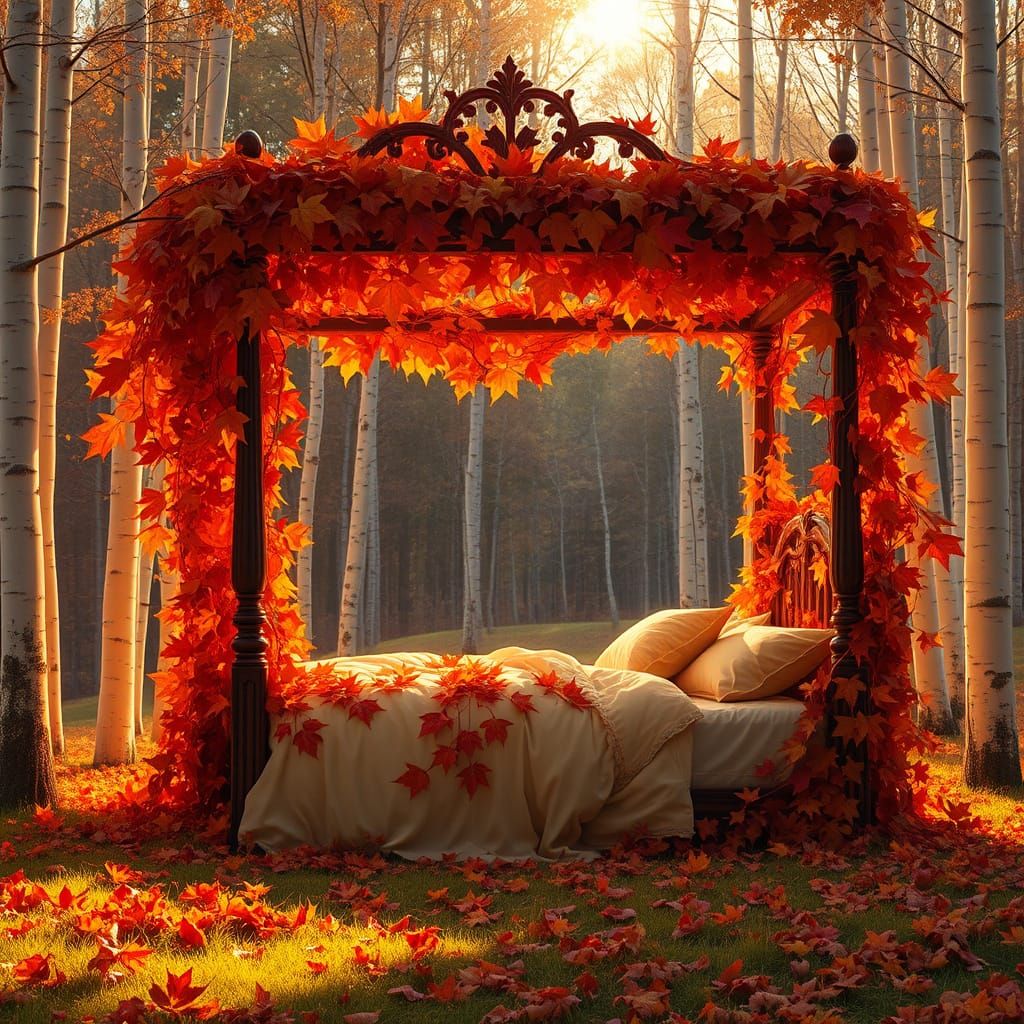 Autumn Leaf Bed in Enchanted Birch Forest