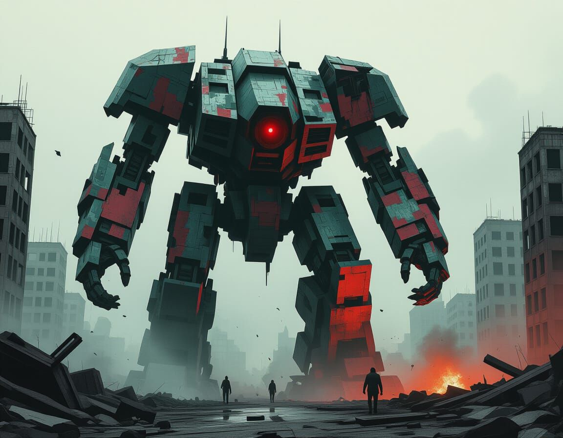 Magnificent Mecha Battles in Horror Cityscape