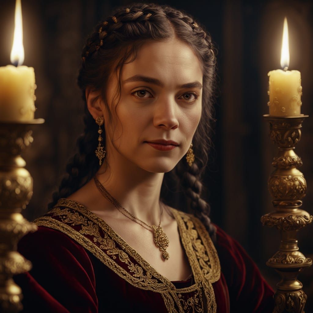 Medieval Woman in Velvet Dress: Oil Painting