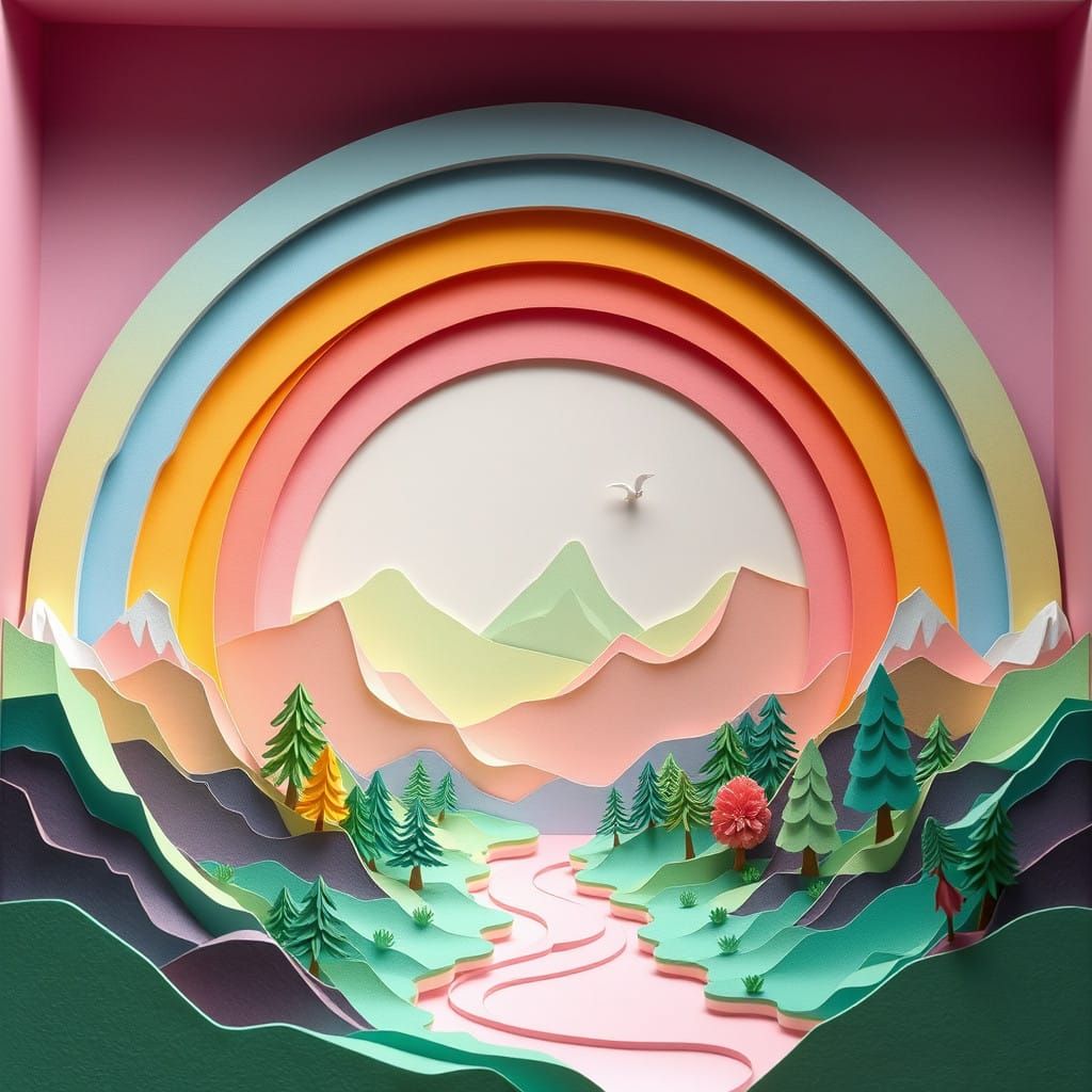 Whimsical Landscape in Pastel Hues and Intricate Paper Art