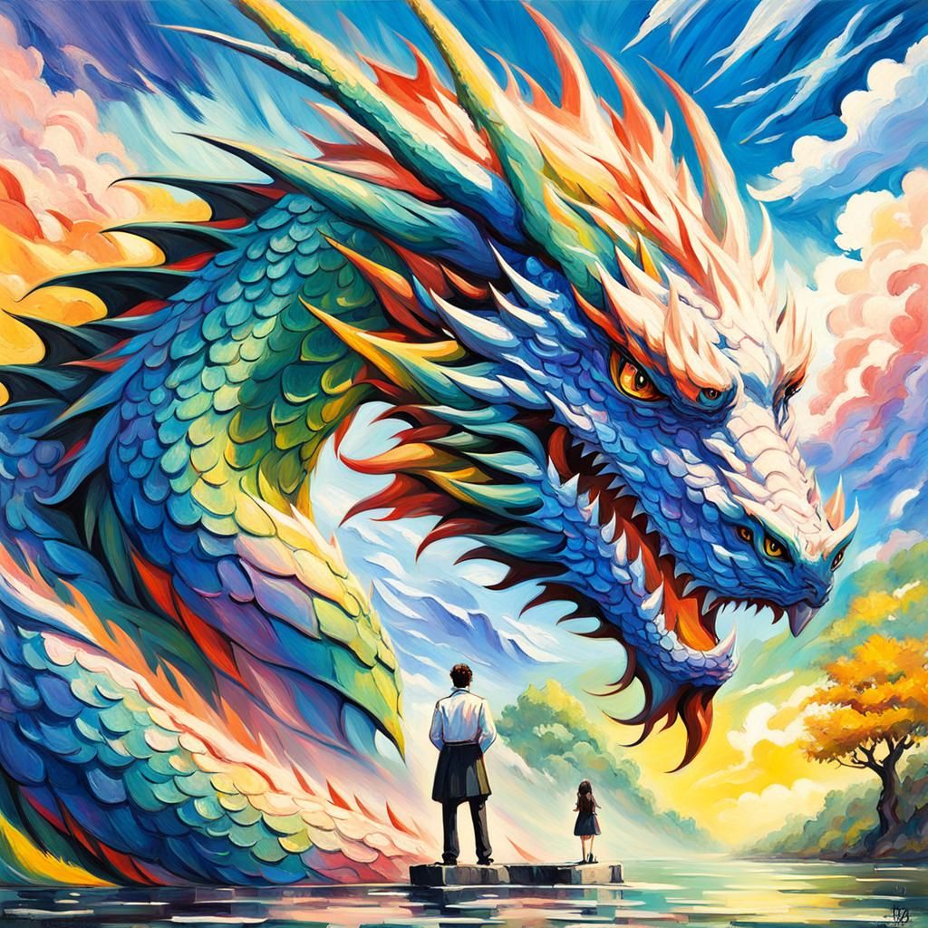 Rainbow Dragon and Anime People in Expressionist Style