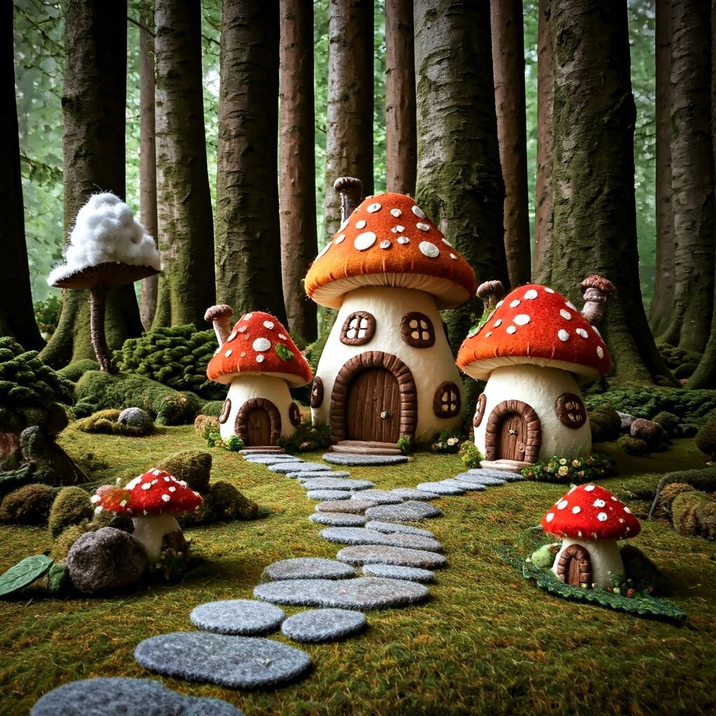 Whimsical Felted Mushroom Village in Beatrix Potter Style