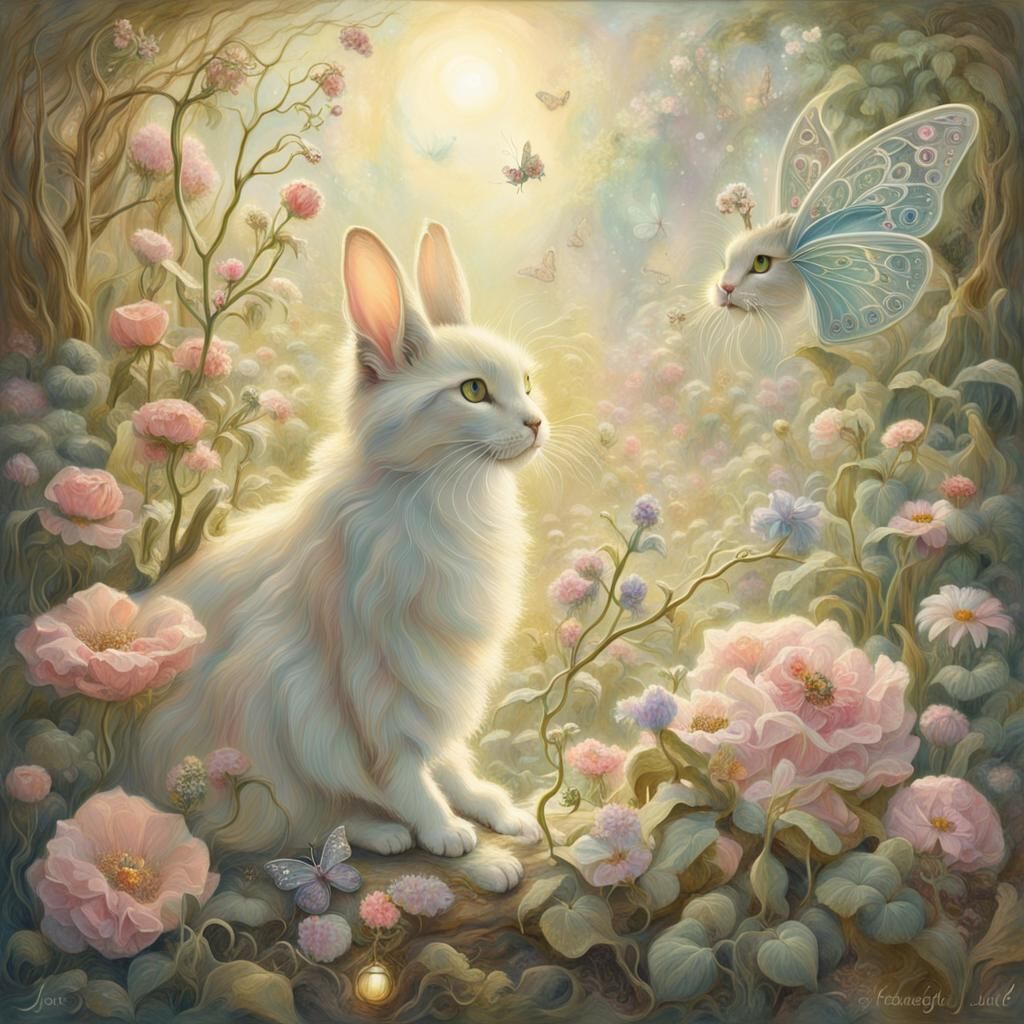 Ethereal Cat-Rabbit Fairy in Enchanted Forest
