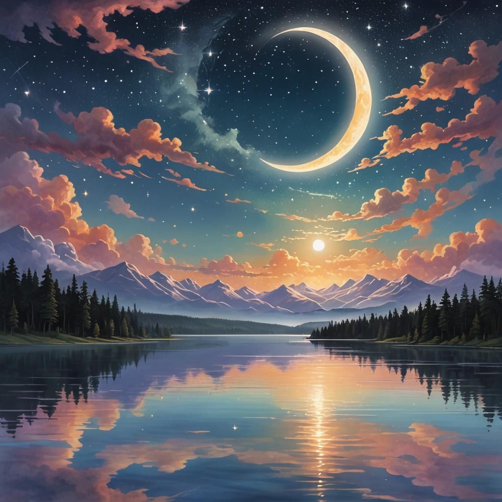 Ethereal Crescent Moon Over Serene Lake