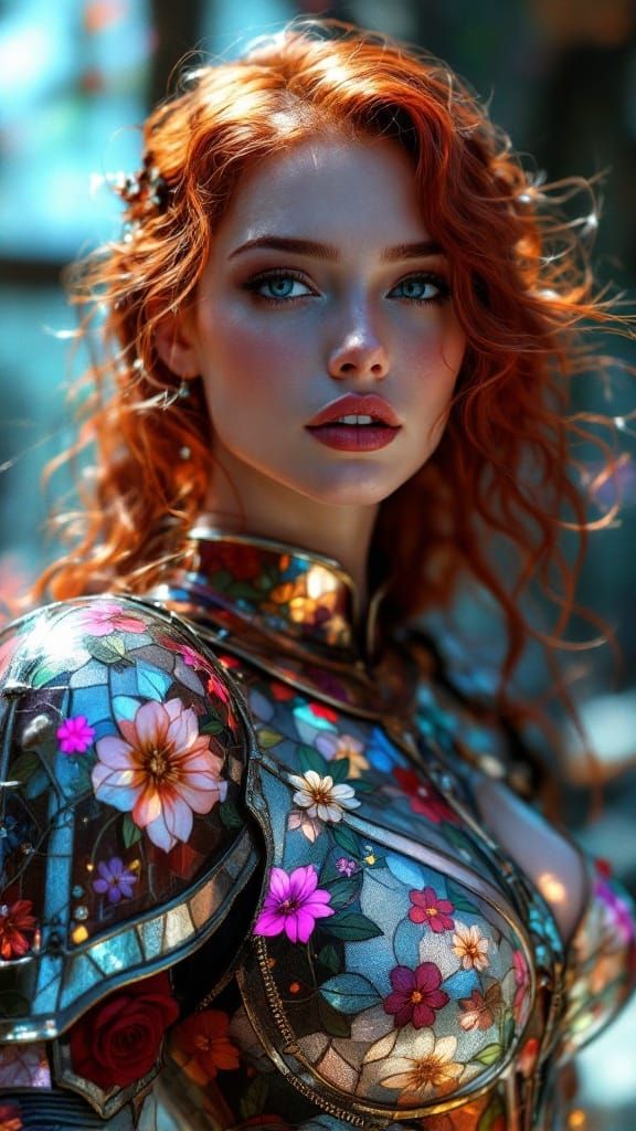 Ethereal Pre-Raphaelite Beauty in Stained Glass Armor