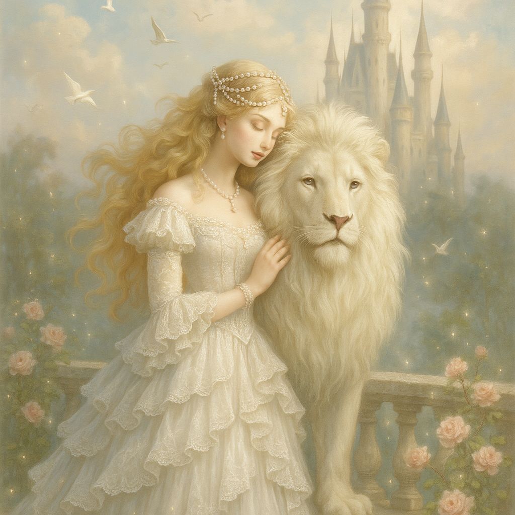 Fairytale Princess with Lion in Dreamy Castle Scene