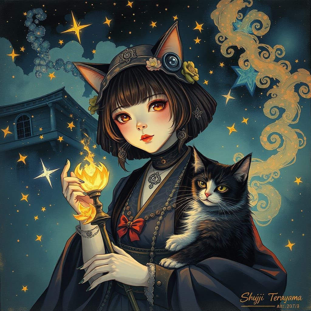 Enchanted Female Artist in a Whimsical Starry Night