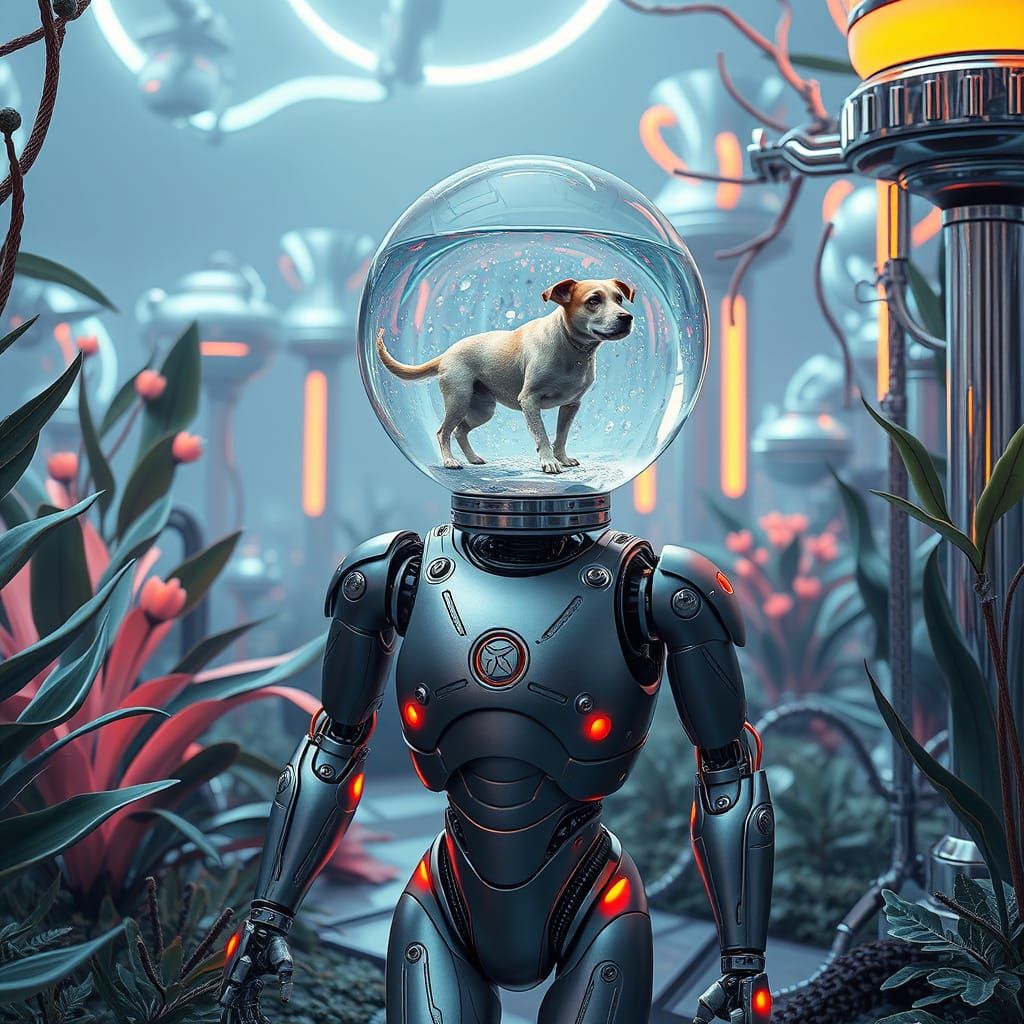 Robot Dog Walker in Surreal Cyberpunk Garden