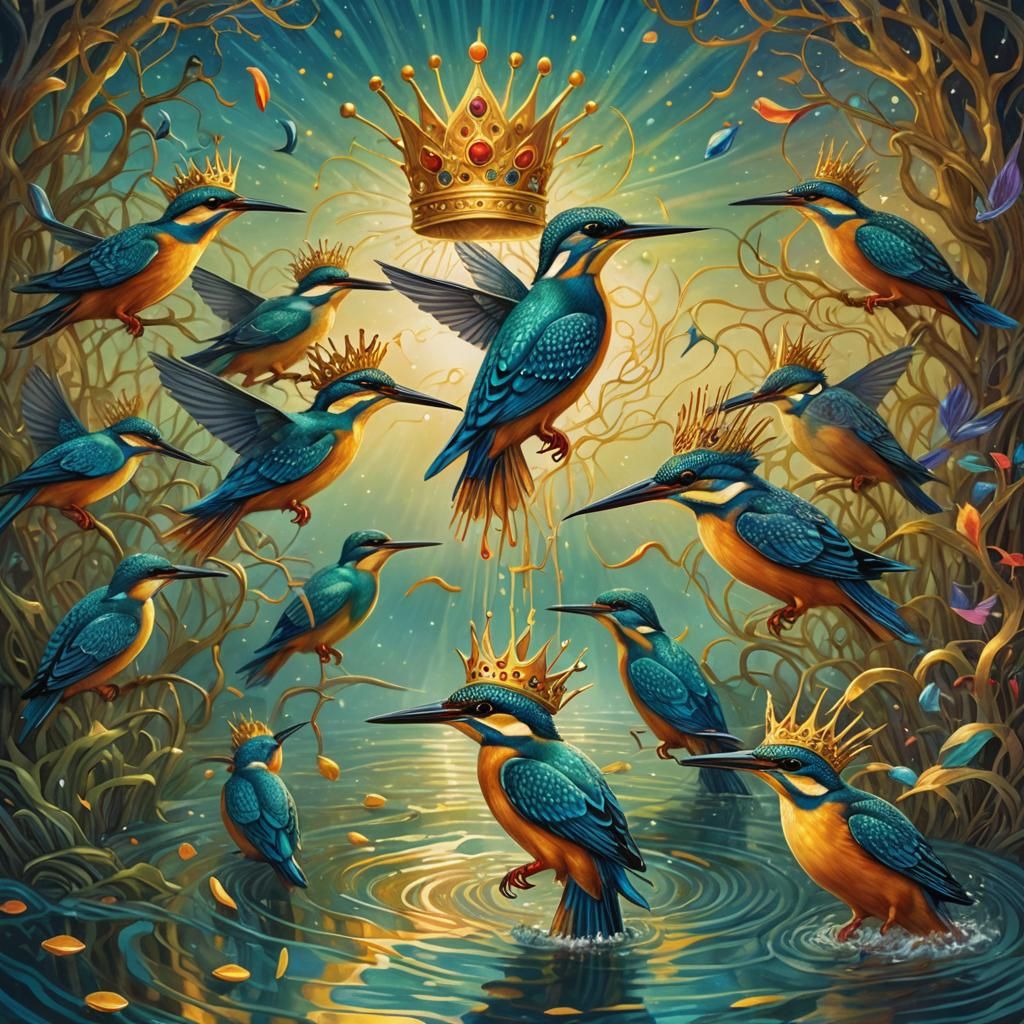 Kingfishers in Astral Light: A Surreal Illustration