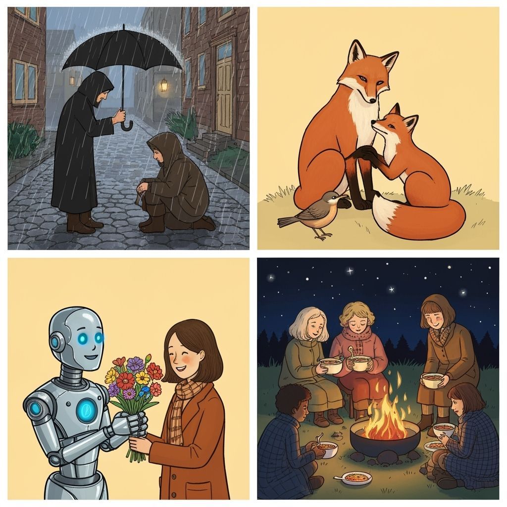 Four Panels Illustrating Acts of Kindness and Goodwill