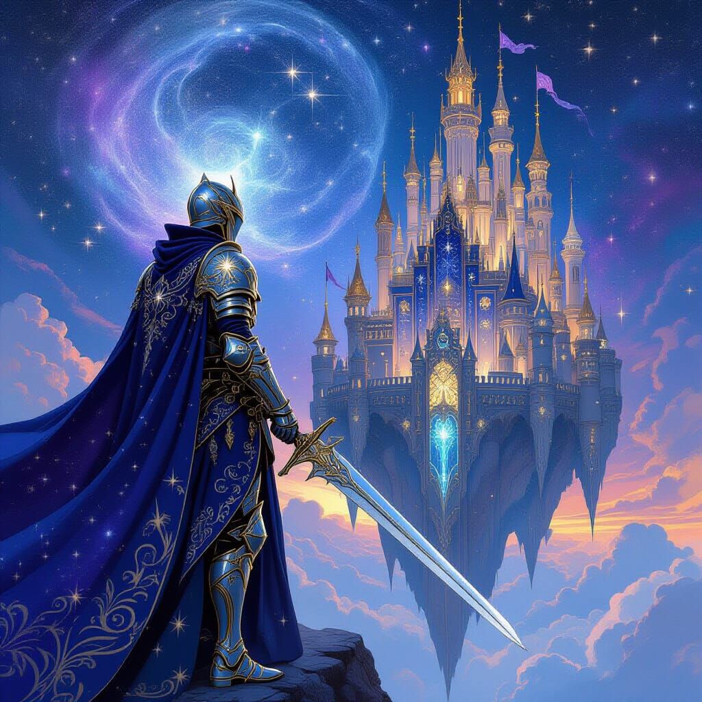 Celestial Knight Guards Floating Castle in Nebula