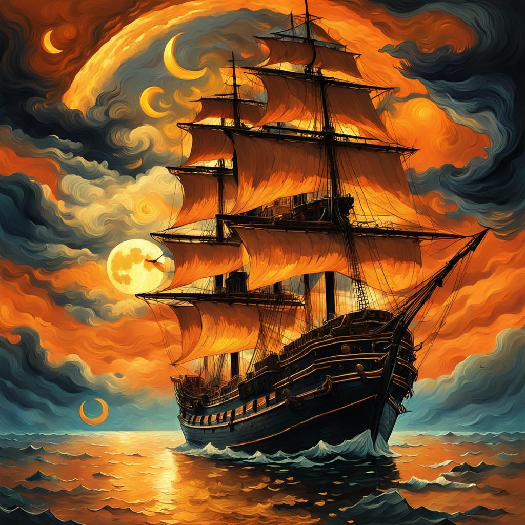 Grand Ship Sailing Under Orange Moon in Van Gogh Style