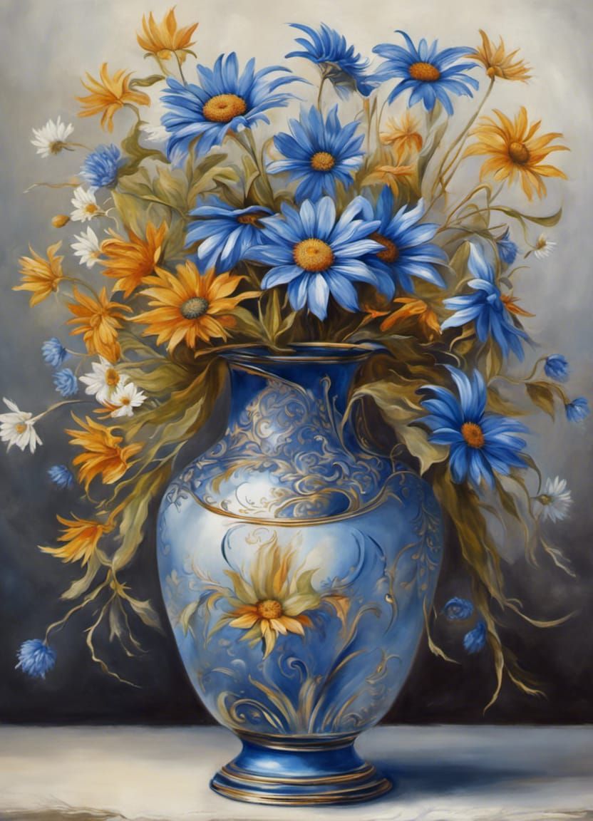 Blue Daisies in Antique Vase: Fantasy Art