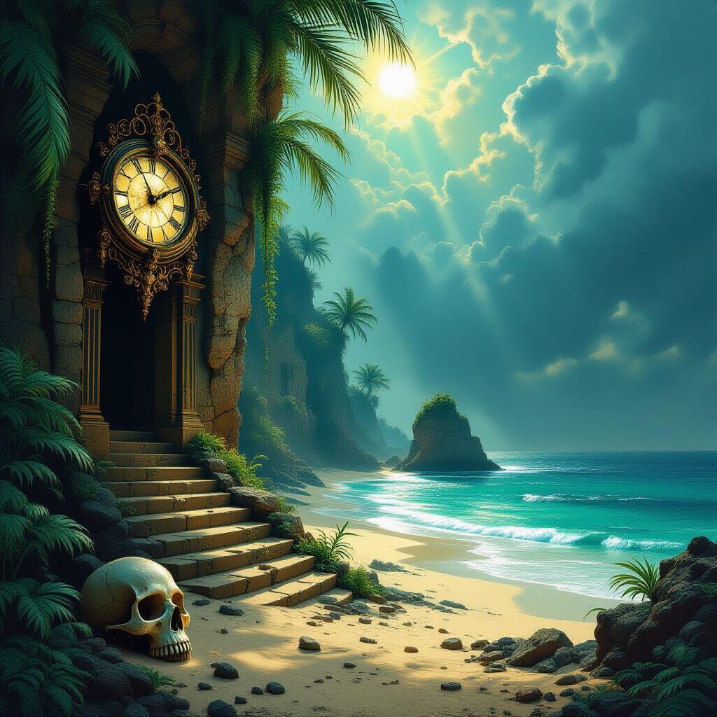 Dark Fantasy Clockpunk Beach with Dino Skull