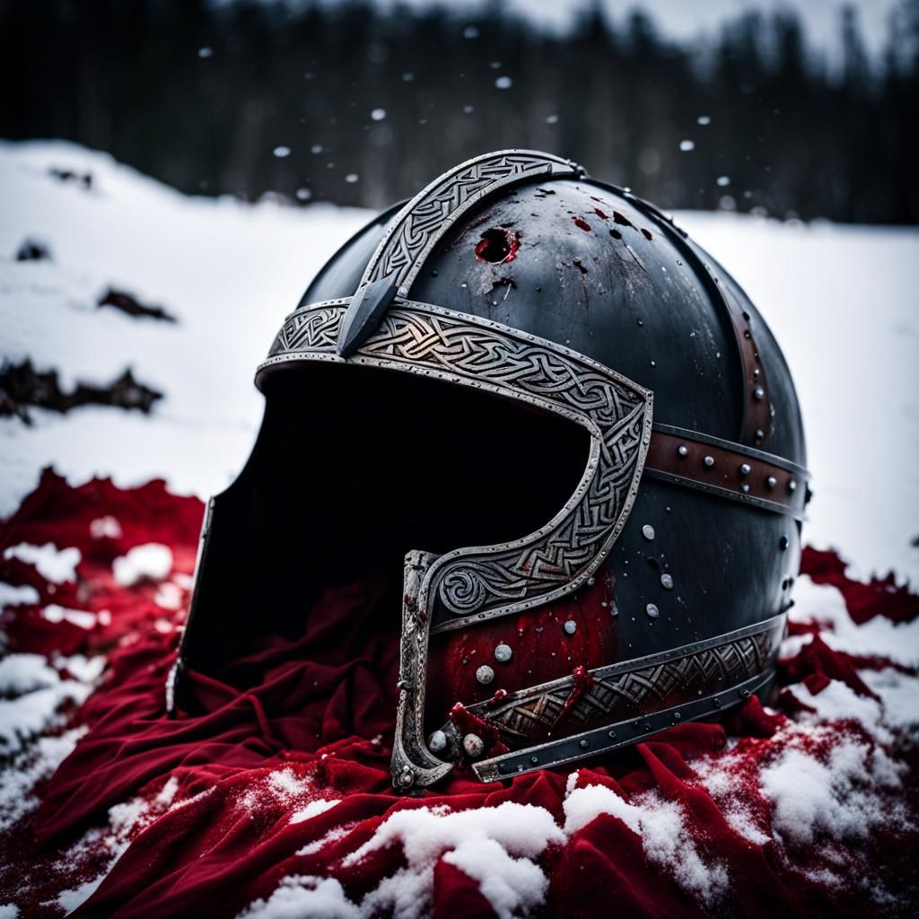 Broken Viking Helmet in Snowy Aftermath