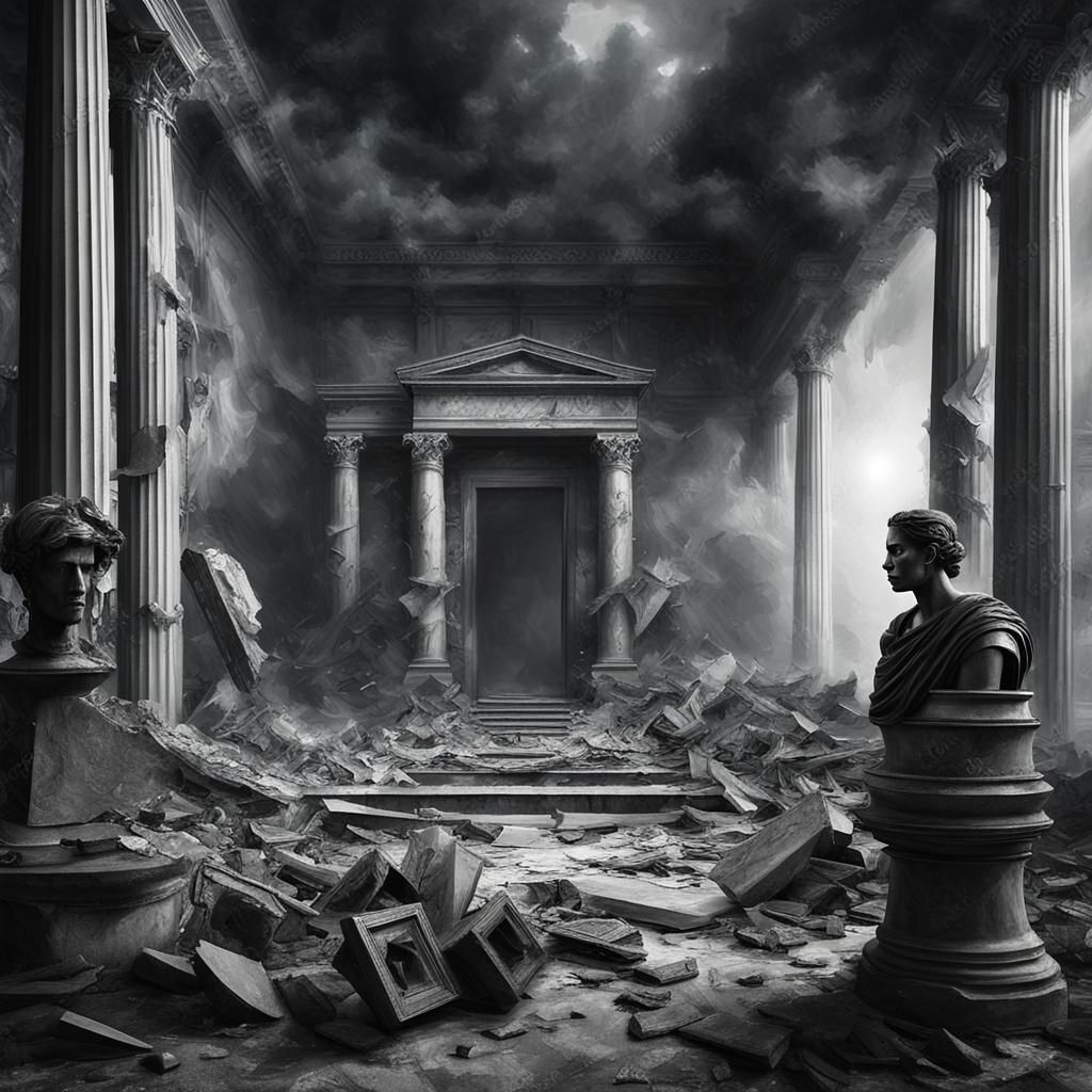 Damaged Art Gallery with Goth Model in Black and White