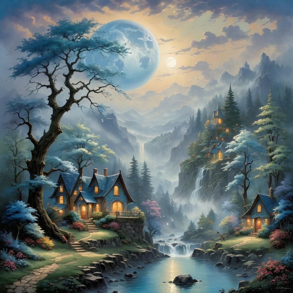 Ethereal Blue Moon Fantasy Landscape in Kinkade Style