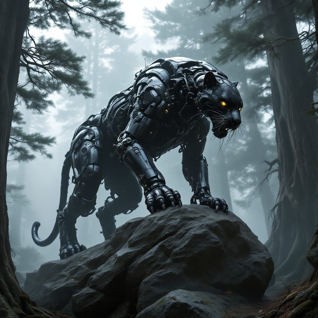 Biomechanical Panther Awakens from Ancient Pine Forest